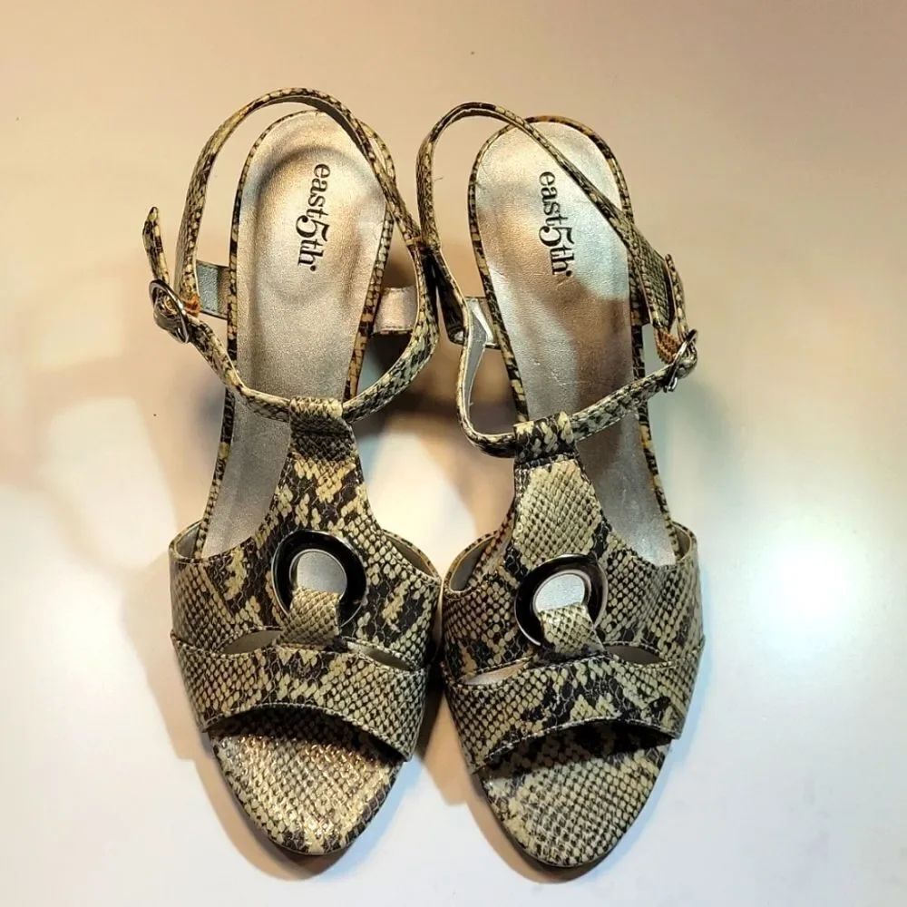 EAST 5TH SNAKESKIN ANKLE STRAP OPEN TOE WOMEN"S LOW HEEL SANDAL
